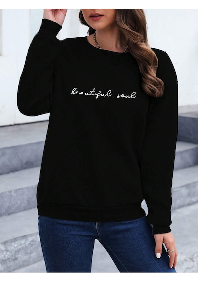 Uyguntarz Unisex Beautıful Soul Tasarım Basklı Bisiklet Yaka Sweatshirt siyah