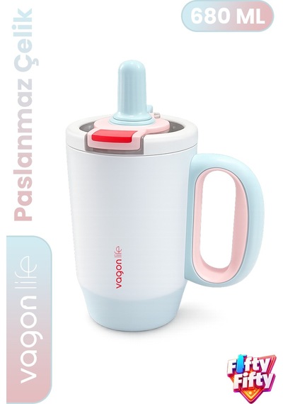680 Ml Tek Kapak Çift Kullanım Pipetli Rahat İçim Kulplu Paslanmaz Çelik Termos Mug Ffvgn1113-680ml Mavi
