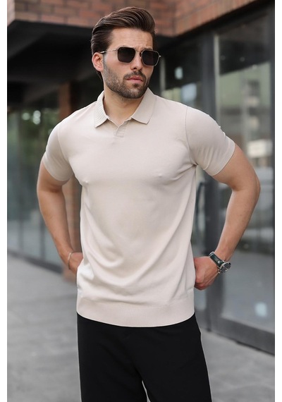Madmext Taş Rengi Regular Fit Polo Yaka Triko Erkek Tişört E7502