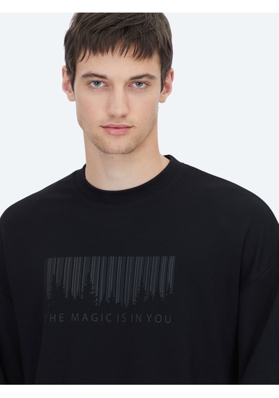 Kip Siyah Bisiklet Yaka Baskılı Sweatshirt Siyah -