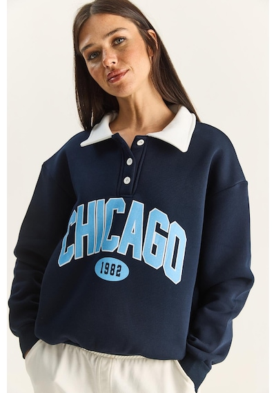 Shade Kadın Polo Yaka Chicago Baskılı Üç İplik Şardonlu Sweatshirt 60601050 - Lacivert