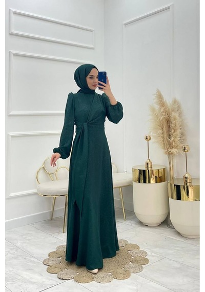 Neşeli Butik Kadın Bağlama Detaylı Jakarlı Tesettür Elbise Nms044 Yeşil