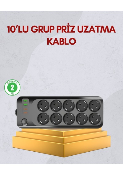 Hnrlıshp 10 Prizli Uzatma Kablosu Termal Koruma Usb Type-c Hızlı Şarj 2500w