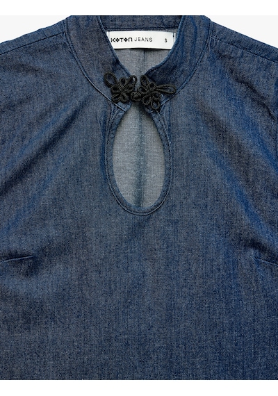 Koton Damla Pencere Detaylı Süslü Düğmeli Kapama Dik Yaka Kısa Kollu Denim Bluz Koyu İndigo 7wal30012md Dark Indigo