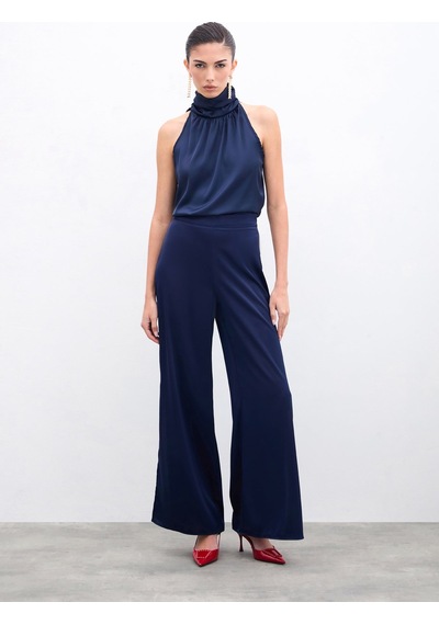 Sateen Desenli Kolsuz Bluz - Lacivert