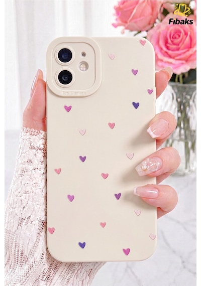 Fibaks iPhone 11 Uyumlu Kılıf Kamera Korumalı Silikon Renkli Kalp Tasarımlı Kamera Korumalı Silikon Kapak Krem