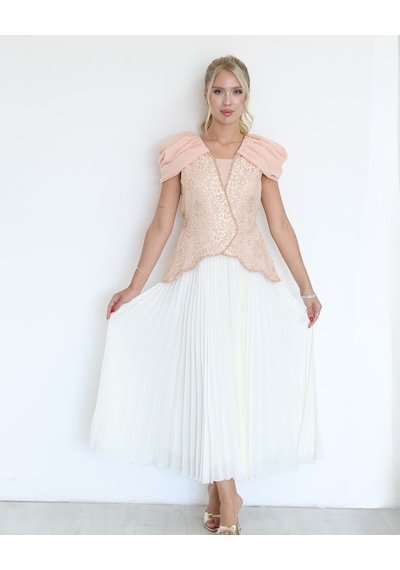 Lodmela Boncuk İşlemeli Dantel Detaylı Piliseli Abiye Elbise 6200-pudra/beyaz Pudra - Krem Lodmela Boncuk İşlemeli Dantel Detaylı Piliseli Abiye Elbise 6200-pudra/beyaz Pudra - Krem