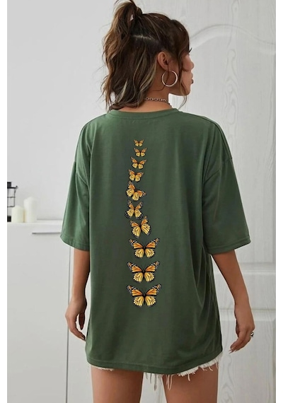 Unisex Sırt Kral Kelebek Baskılı T-shirt Yeşil
