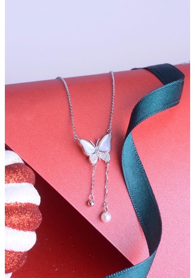 Innuendo Jewelry 925 Ayar Gümüş Sedefi İncili Taşlı Kelebek Kolye Gümüş