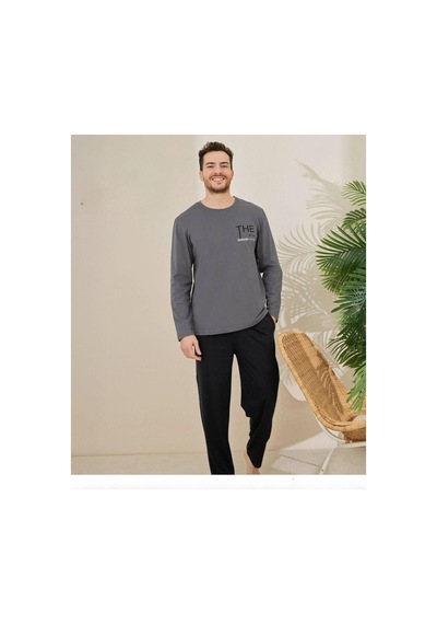 Pijamoni Erkek Pamuklu Bisiklet Yaka Uzun Kol İnce Pijama Takımı 6150/10 - 1 Adet Füme