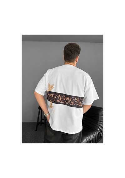 Erkek T-shirt Ön Ve Arka Baskılı Oversize Bisiklet Yaka Tişort - Beyaz