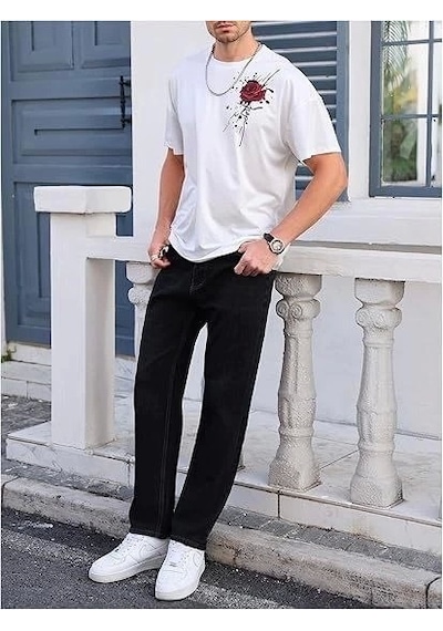 Erkek Bisiklet Yaka Kısa Kol Baskılı T-shirt - Beyaz Siyah