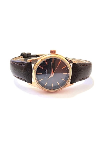 Retro Kadın Kol Saati, Vintage Minimal, Rose Gold Renk, Çizgili Kadran, Koyukahverengi Kordon Rose Gold Kahverengi Kordon Altın