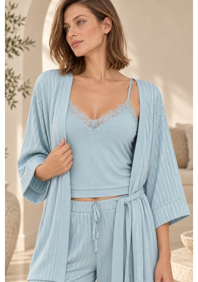 Loule Kadın Su Yeşili Çizgili Pamuk Sabahlıklı Pijama Takımı