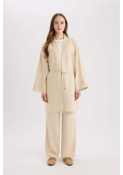Defacto Relax Fit Kuşaklı Keten Karışımlı Kimono D8182ax25spbg115 Bej
