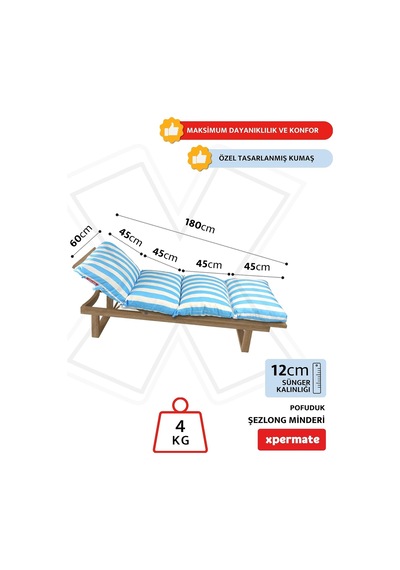 Tr Pofuduk Şezlong Minderi 180x60x12 Cm Çantalı Şezlong Yatağı Su İtici Uv Dayanımlı Çizgili Mavi Diğer