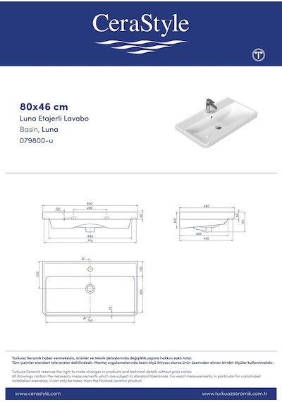 Turkuaz Cerastyle Luna 80 46 Cm Etajerli Damlalıklı Lavabo Beyaz