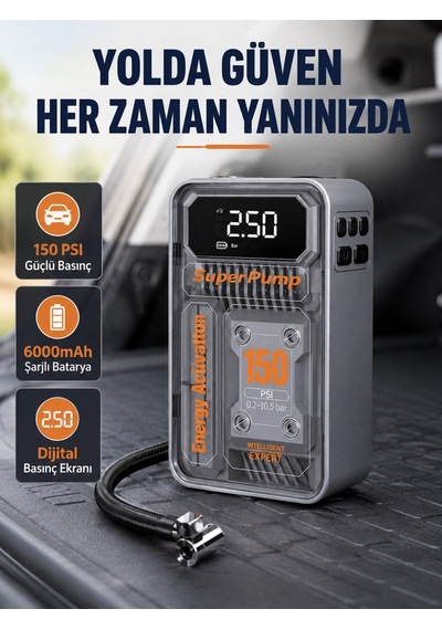 Şarjlı Kablosuz Hava Pompası 150 Psı Basınç, Led Ekran Ve 6000mah Batarya 1