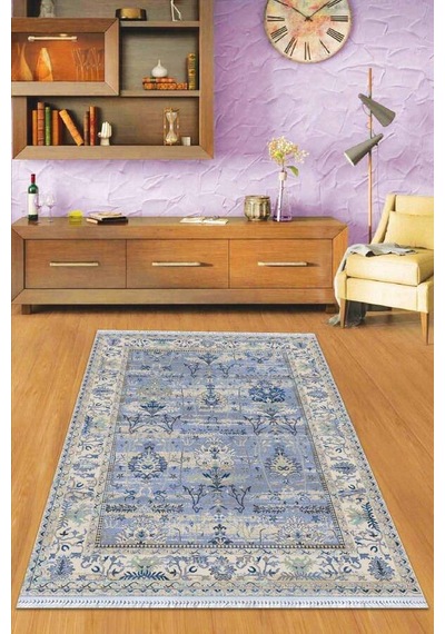 Eflatun Çerçeveli Dokuma Pamuk Taban Kaymaz Kilim Klm295n11
