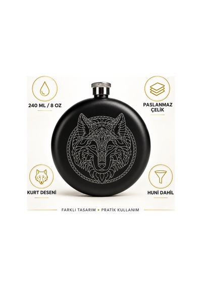 Kurt Desenli Paslanmaz Çelik İçki Matarası 240 Ml 8 Oz Cep Matarası Hunili Kamp Outdoor Erkek Hediye Siyah