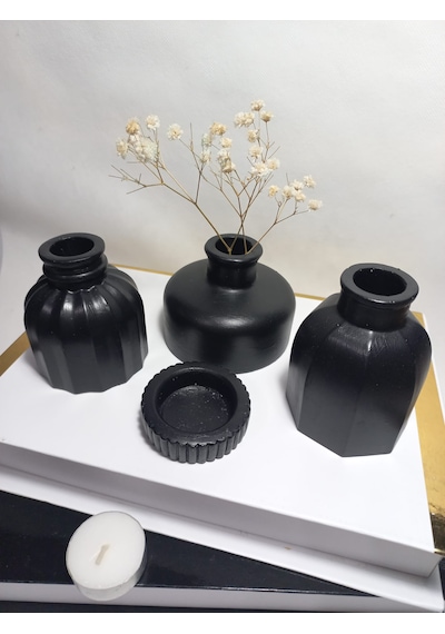 Modern Minimal Vazo Set 3'lü, Ev & Ofis Hediyelik, Dekoratif Obje, Siyah