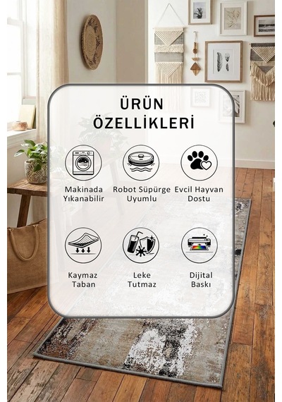 Ehl-90 Dijital Baskılı Kaymaz Yıkanabilir Yolluk Vizon