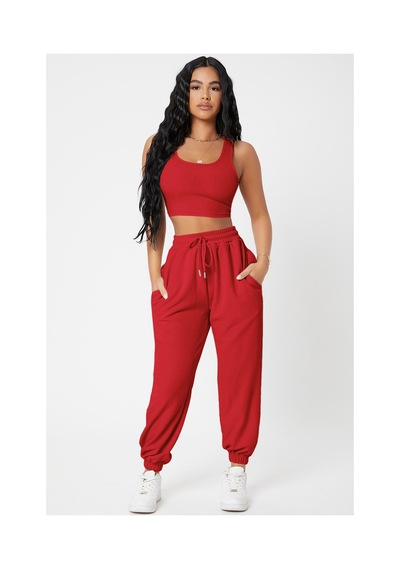 Fantezia Night Kadın Siyah Kaşkorse Cepli Jogger Eşofman Altı Ve Crop Top Bluz Kırmızı