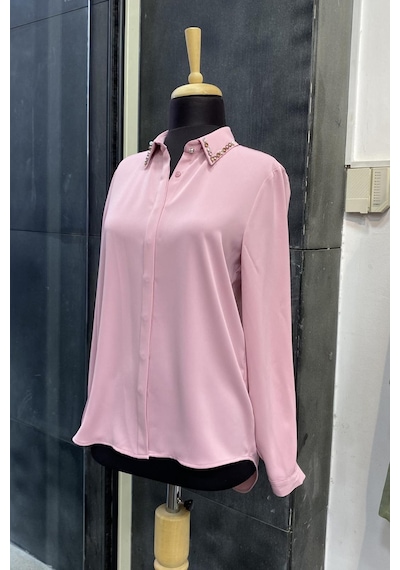 Pera Moda Yakası Taşlı Basic İç Göstermeyen Şık Gömlek Pudra
