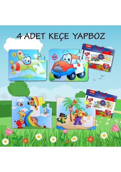 4 Set 48 Parça Tox Uçak. Araba Ve Gökkuşağı 3+ Keçe Yapboz 3