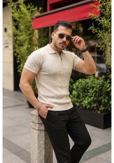 Efnaz Style Erkek Örgü Desen Fermuar Yakalı Triko Tişört Taş