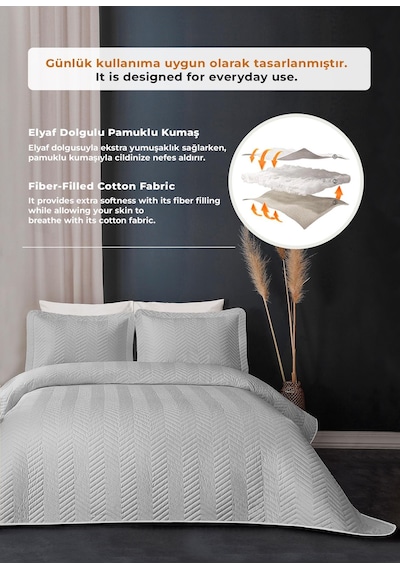 Evlen Home Ross %100 Pamuk Yatak Örtüsü Pike Takımı Çift Kişilik Kapitone Çizgili Günlük Yıkanabilir Gri Gri