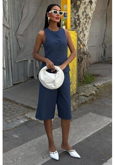 De'charme Midi Şortlu Ve Yelekli Viscon Takım 10167 Indigo