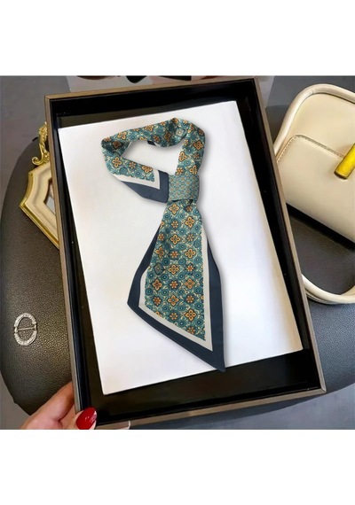 Walkenzo Vintage Esintili Çiçek Desenli Modern Tasarım Kadın Kravat Fular Yeşil