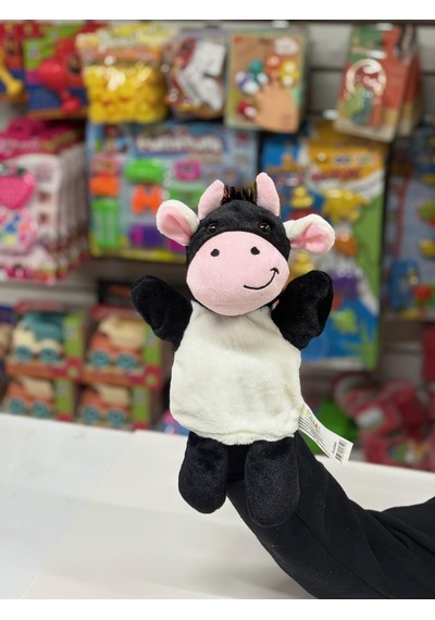 Peluş 25 Cm El Kuklası Siyah Beyaz İnek Kukla Çok Renkli