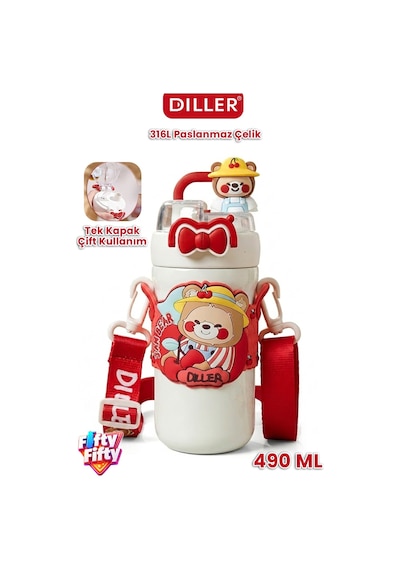 Dıller 490 Ml Tek Kapak Çift Kullanım Pipetli/pipetsiz Boyun Askılı Çelik Termos -ffdıllerd490ml Kırmızı