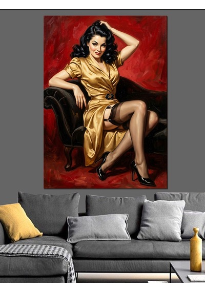 Altın Elbiseli Vintage Şık Kadın Dekoratif Kanvas - Mdf Ahşap Tablo