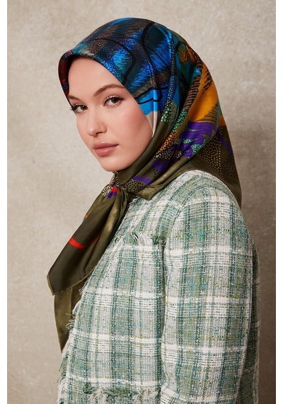 Levidor Karmaşık Desen Twill İpek Eşarp-0915 Yeşil