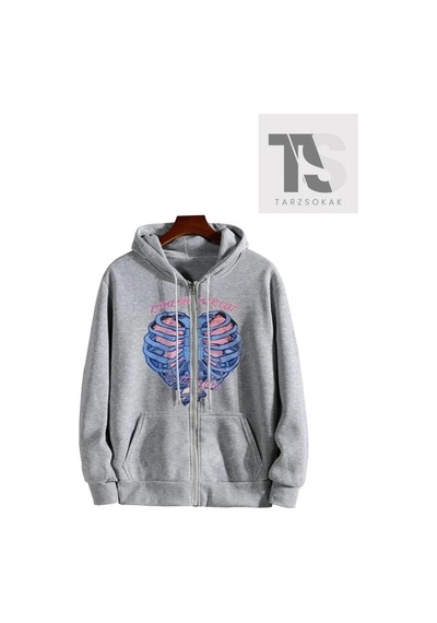 Tarzsokak İskelet Kalp Sweatshirt Fermuarlı Hırka Gri