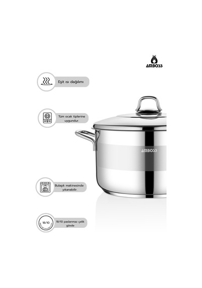 Amboss Saphire 22x12 Cm Derin Tencere Çelik Kapak 4,5 Lt - Gümüş