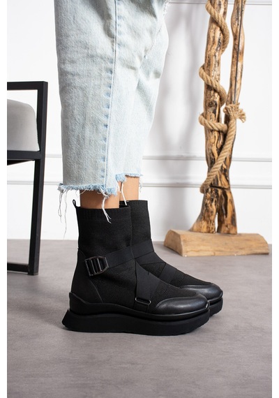 Dabab Shoes Katiana Kadın Siyah Lastik Detaylı Rahat Kalın Taban Triko Spor Bot