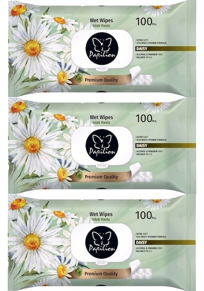 Papilion Islak Havlu Mendil 100 Yaprak Papatya 3 Lü Set