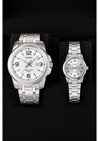 Casio Ltp-v001d-7budf-mtp-1314d-7avdf Çift Kol Saati Seti Metal Kordon Gri