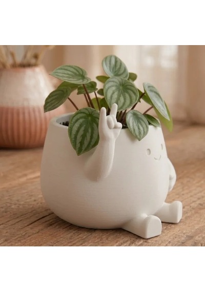 3d Baskı Smiley Face Planter - Gülümseyen Karakterli Saksı-beyaz