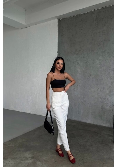 Defymoda Yüksek Bel Pensli Pantolon Beyaz