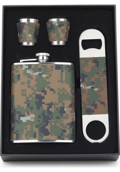 Kamuflaj Kaplamalı Paslanmaz Çelik İçki Matarası Bardak & Açacak Seti 8 Oz 240 Ml Kamp Outdoor Boy Yeşil