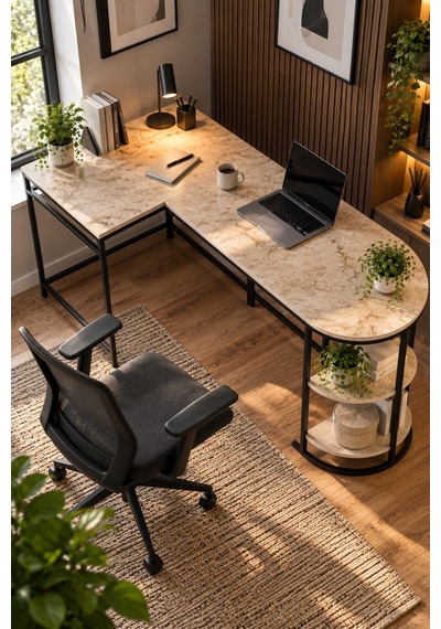 Sulorahome Tipi Köşe Çalışma Masası 2 Raflı Metal İskeletli Kahverengi Mermer Sulorahome Tipi Köşe Çalışma Masası 2 Raflı Metal İskeletli Kahverengi Mermer