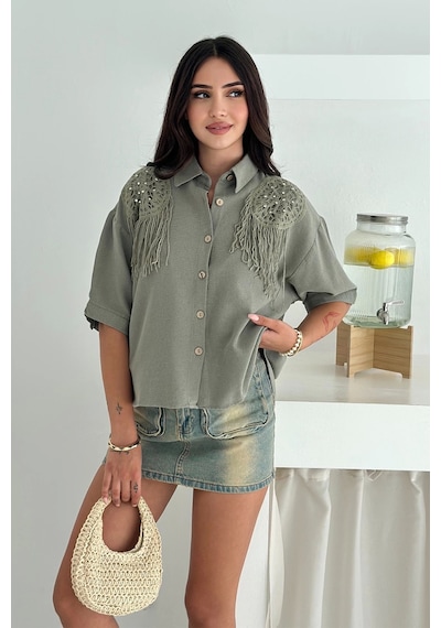 Asprin Fashion Yıkamalı Keten Gömlek Haki Haki