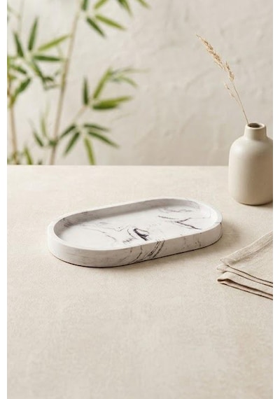 Mermer Desenli Oval Şık Sunum Kayık Tabağı-kahvaltılık Ve Dekoratif Servis Tabağı 23 Cm Beyaz