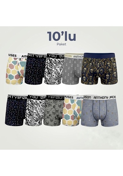 Orivra 10'lu Erkek Pamuklu Likralı Desenli Boxer Renkli