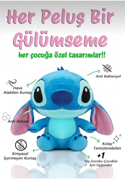 Stitch Peluş Oyuncak 30 Cm Yumuşak Hediyelik Sevimli Oyun Ve Uyku Arkadaşı Orta Boy Mavi